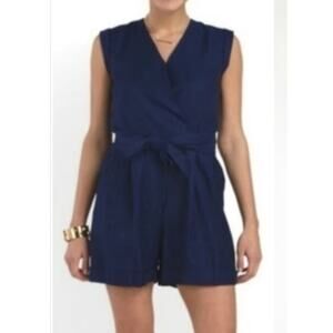 THEORY Faux Wrap Cuffed Tie Waist Romper Cotton Blend Yale Blue Resort Cruise 8